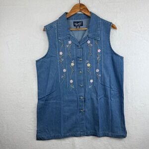 Angelique Made in Heaven Denim Sleeveless Shirt Womens Size 1X Floral Embroidery